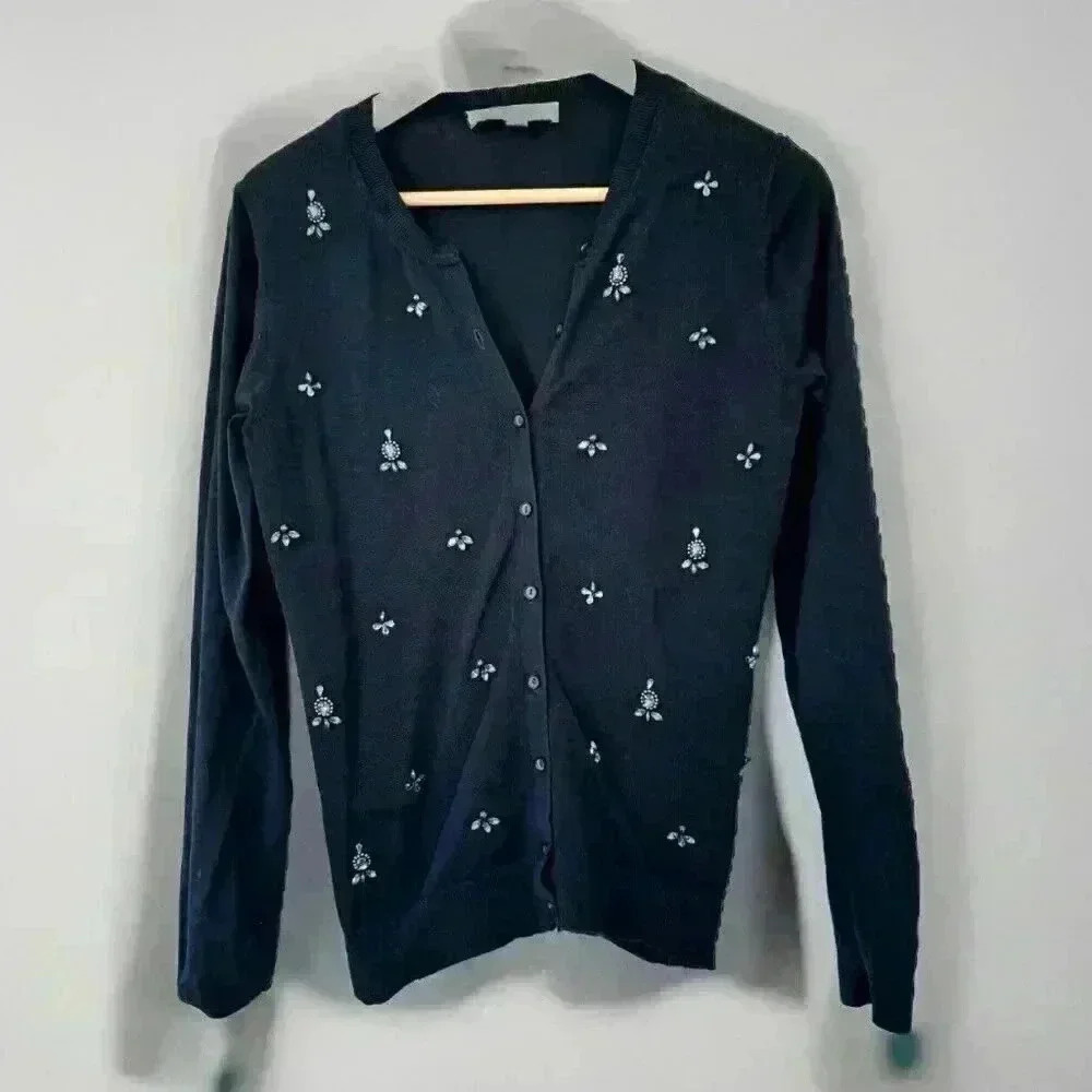 Ann Taylor Loft Cotton Cardigan Sweater Black with Gemstone Accents Medium